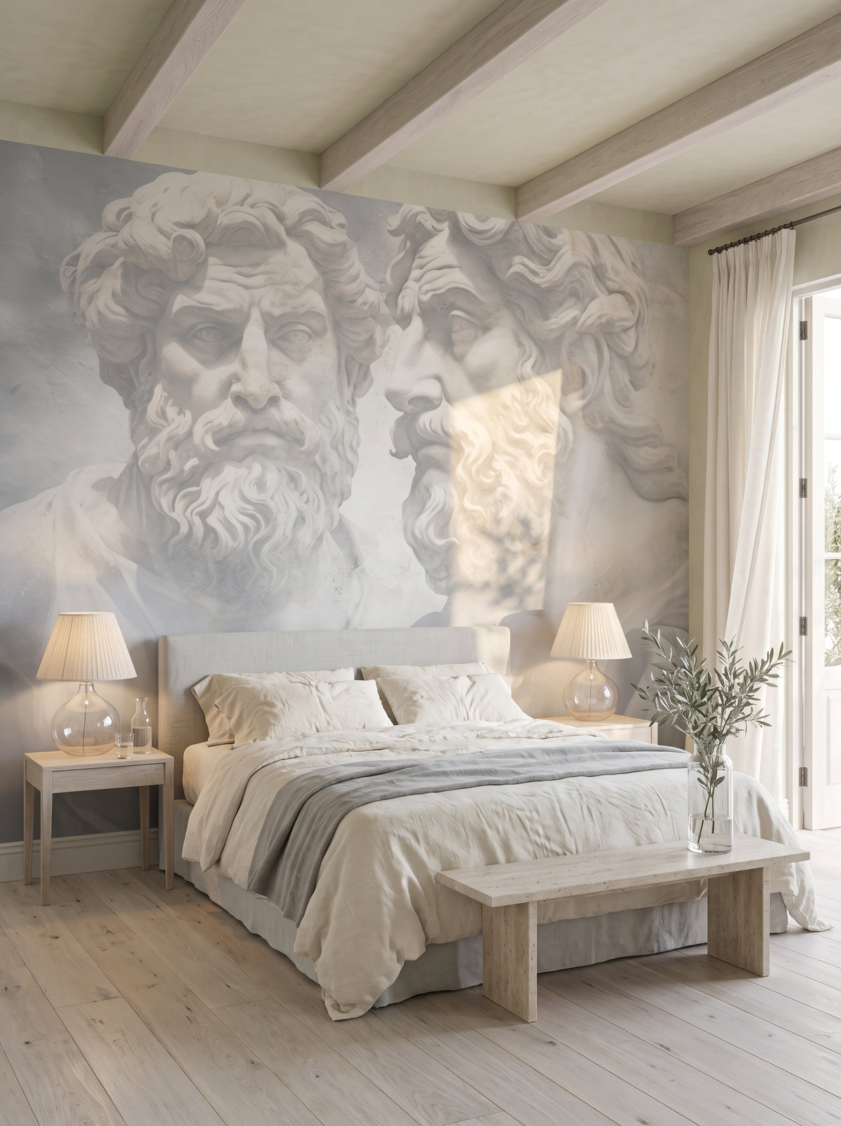 Papier peint panoramique artistique « Echoes of Wisdom » dans un intérieur : chambre dans une résidence en bord de mer.