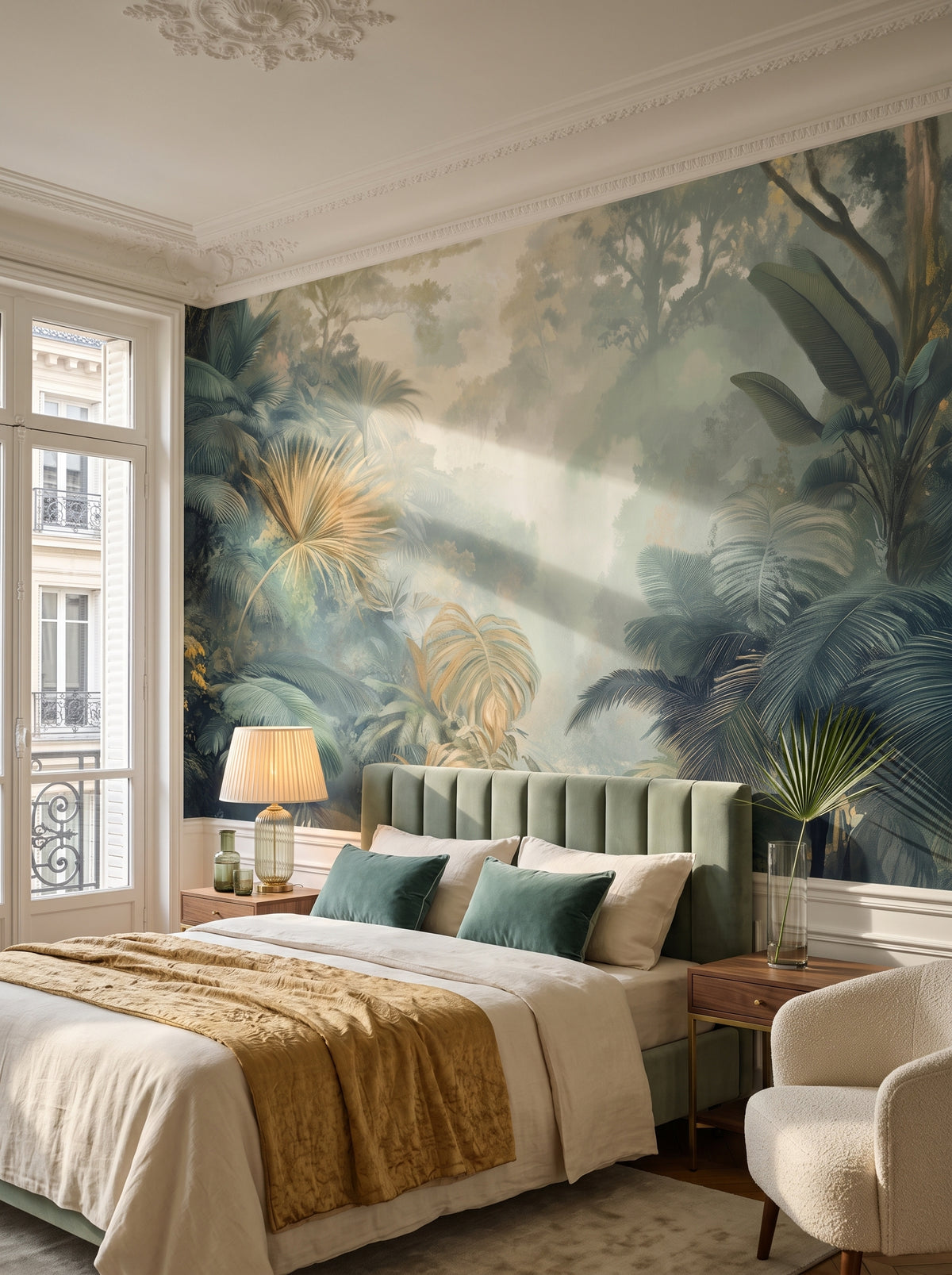 Fototapeta artystyczna o nazwie MISTED PALMS w aranżacji wnętrza: sypialnia w paryskim apartamencie.