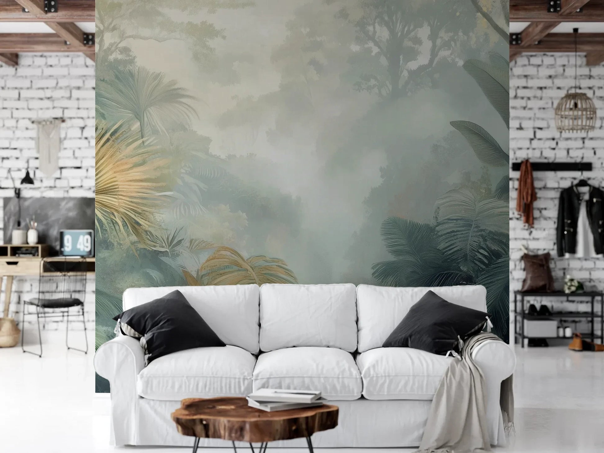 Wzór fototapety MISTED PALMS - tapeta z tropikalną dżunglą we mgle pokazanej w aranżacji salonu.