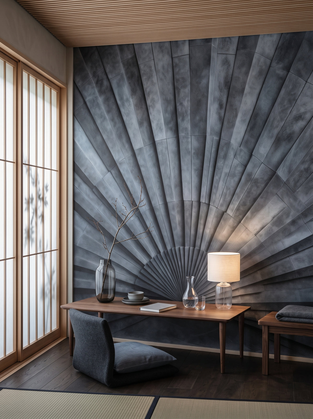 Papier peint panoramique artistique « Radial Burst » dans un intérieur : bureau privé de style Japandi.