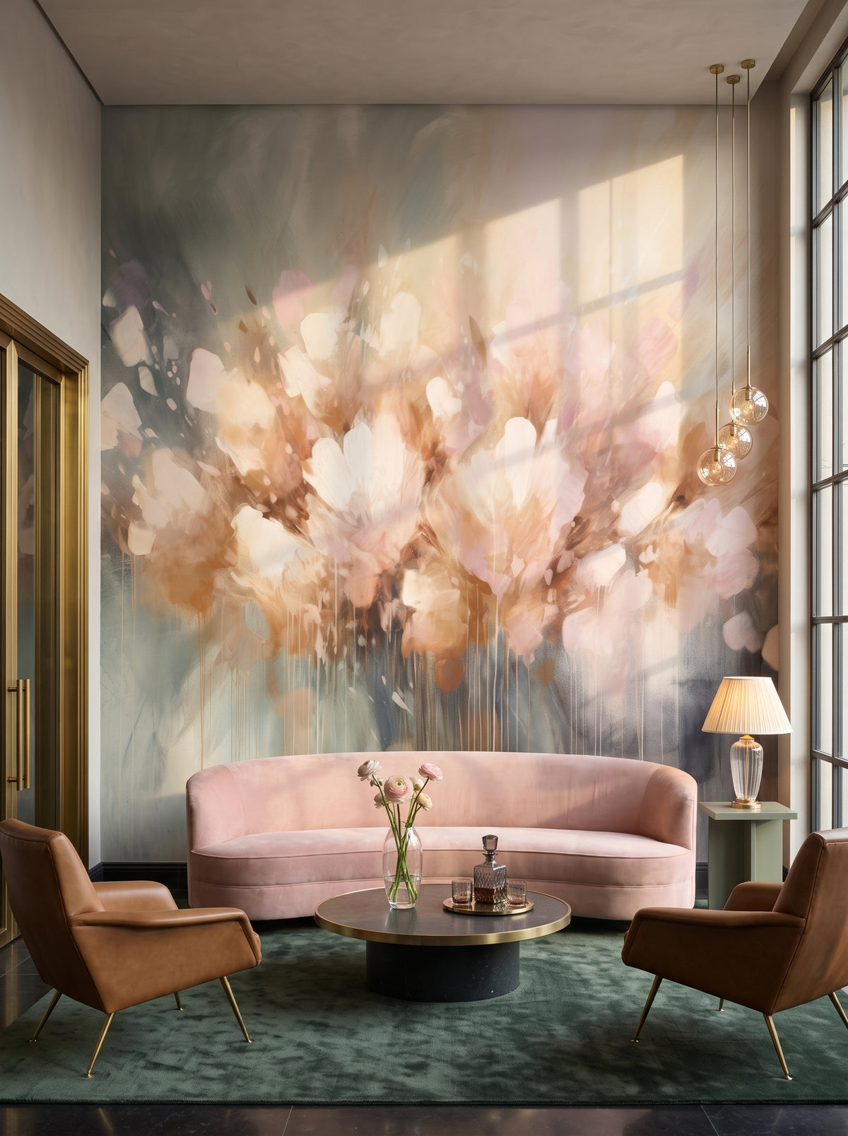 Fototapeta artystyczna o nazwie Petal Whisper w aranżacji wnętrza: lobby lounge butikowego hotelu designerskiego.