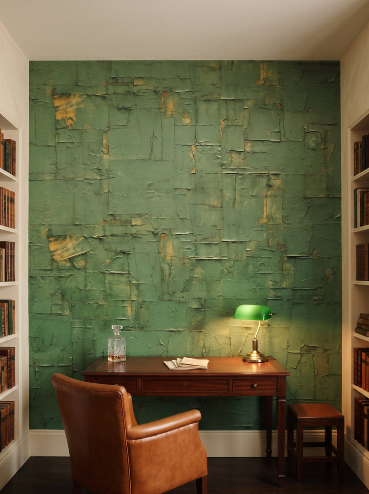 Fototapeta artystyczna o nazwie Green Geometry w aranżacji wnętrza: biblioteka w angielskim klubowym stylu.
