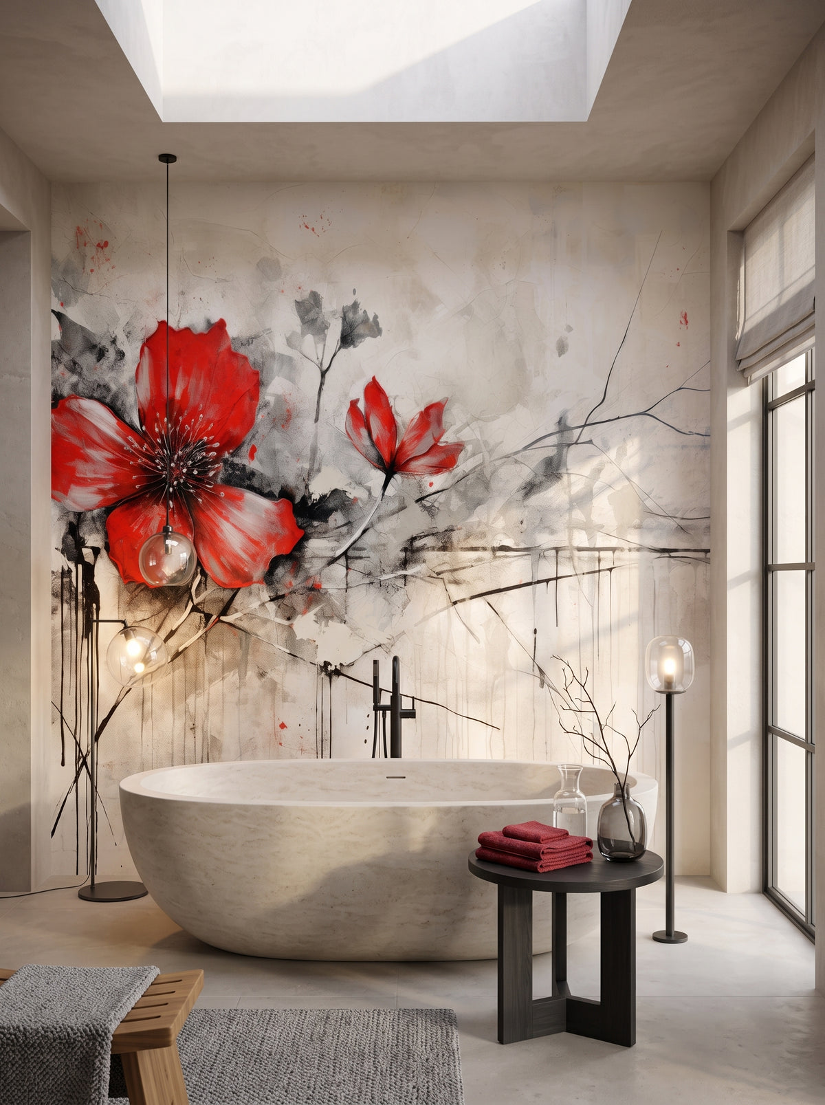 Fototapeta artystyczna o nazwie CRIMSON BRUSHSTROKE BEAUTY w aranżacji wnętrza: łazienka spa w luksusowej rezydencji.