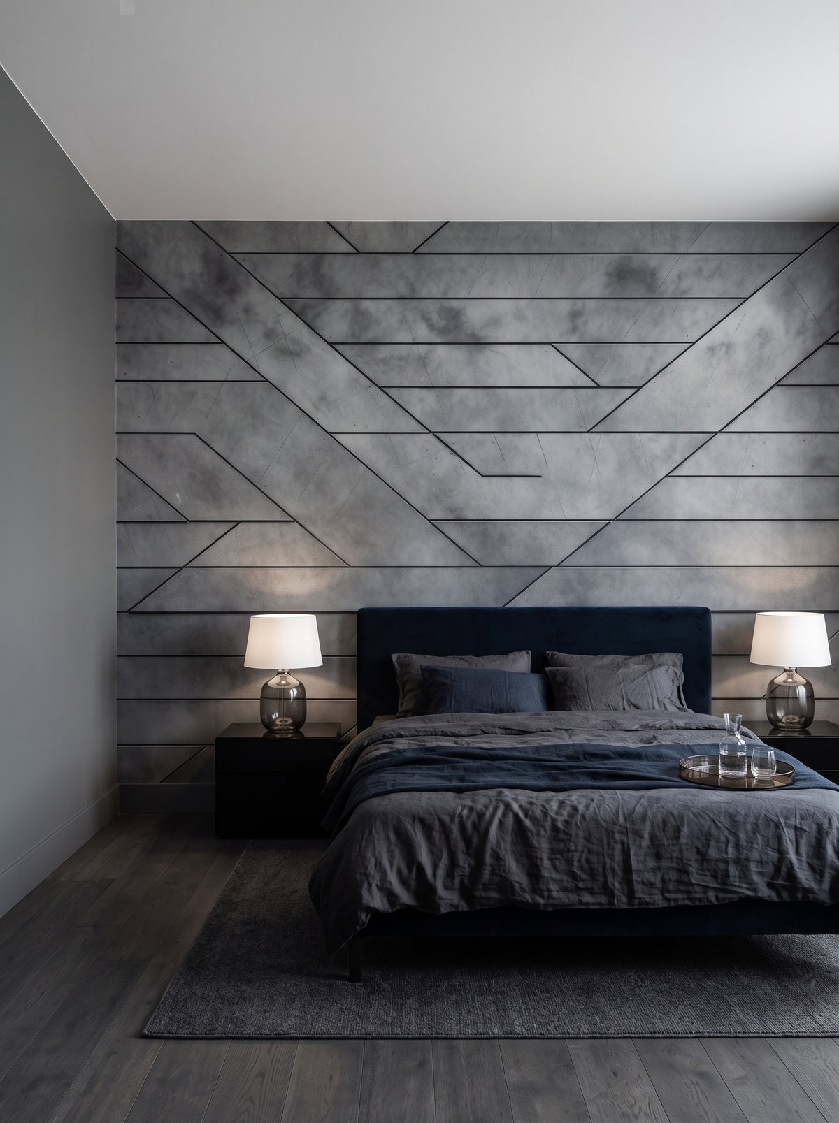 Fototapeta artystyczna o nazwie Diagonal Array w aranżacji wnętrza: ciemna sypialnia w hotelu designerskim.