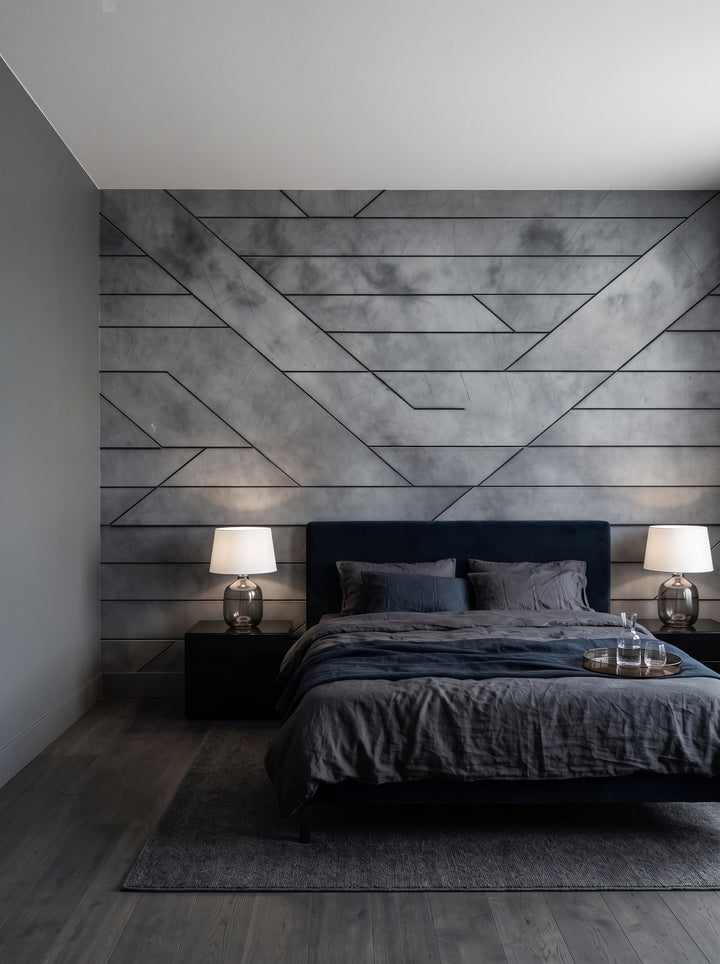 Fototapeta artystyczna o nazwie Diagonal Array w aranżacji wnętrza: ciemna sypialnia w hotelu designerskim.