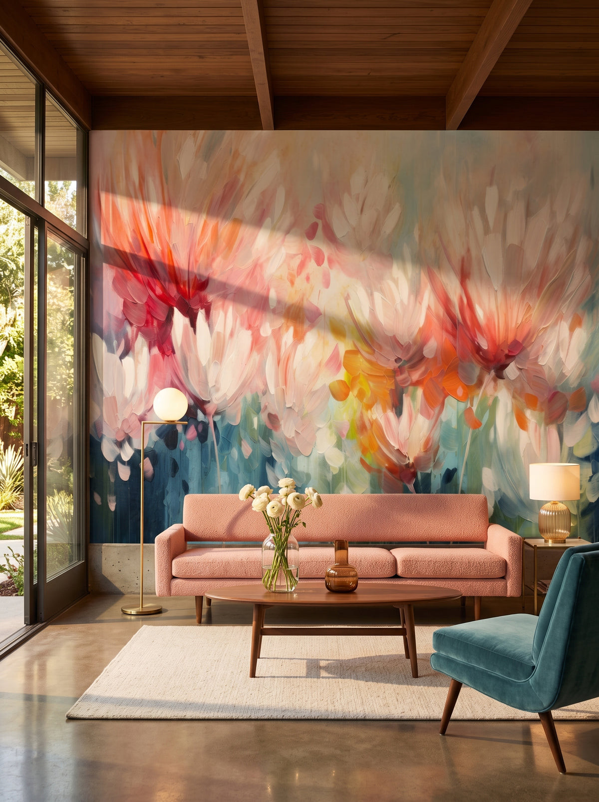 Fototapeta artystyczna o nazwie Floral Burst w aranżacji wnętrza: salon w kalifornijskim domu modernistycznym.