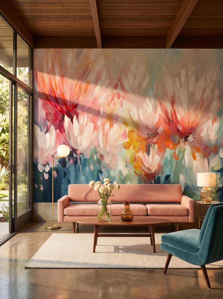 Fototapeta artystyczna o nazwie Floral Burst w aranżacji wnętrza: salon w kalifornijskim domu modernistycznym.