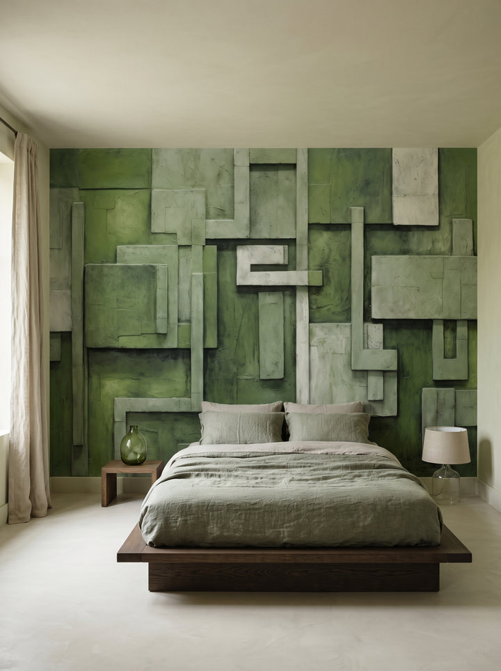 Fototapeta artystyczna o nazwie Lush Labyrinth w aranżacji wnętrza: spokojna sypialnia w stylu wabi-sabi.
