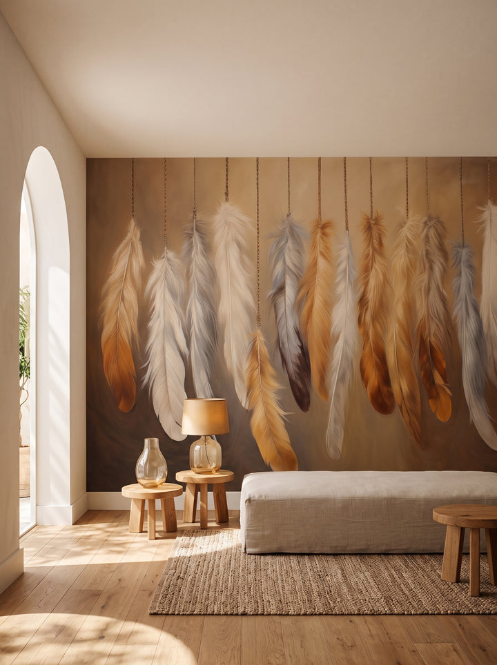 Fototapeta artystyczna o nazwie Golden Harmony w aranżacji wnętrza: salon w wysublimowanym stylu boho.