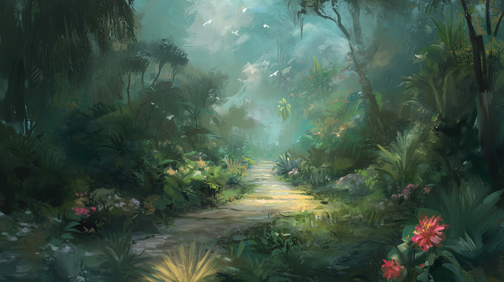 Prezentacja całego wzoru fototapety o nazwie ETHEREAL PATHWAY - tapeta z tajemniczą leśną ścieżką w mistycznej poświacie