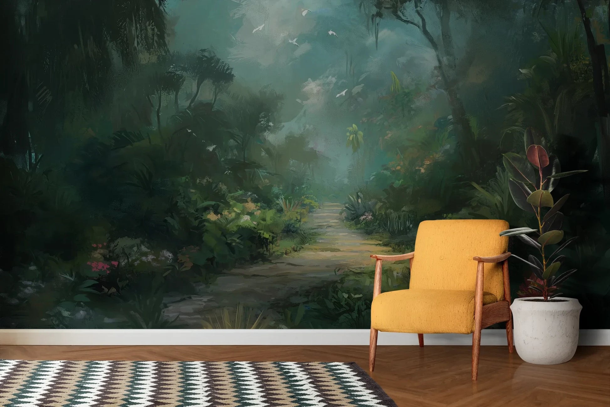 Wzór fototapety ETHEREAL PATHWAY - tapeta z tajemniczą leśną ścieżką w mistycznej poświacie pokazanej w aranżacji salonu.