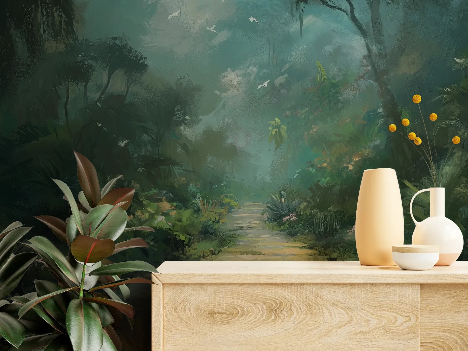 Fototapeta ETHEREAL PATHWAY - tapeta z tajemniczą leśną ścieżką w mistycznej poświacie pokazana w aranżacji wnętrza z akcentem na ścianie.