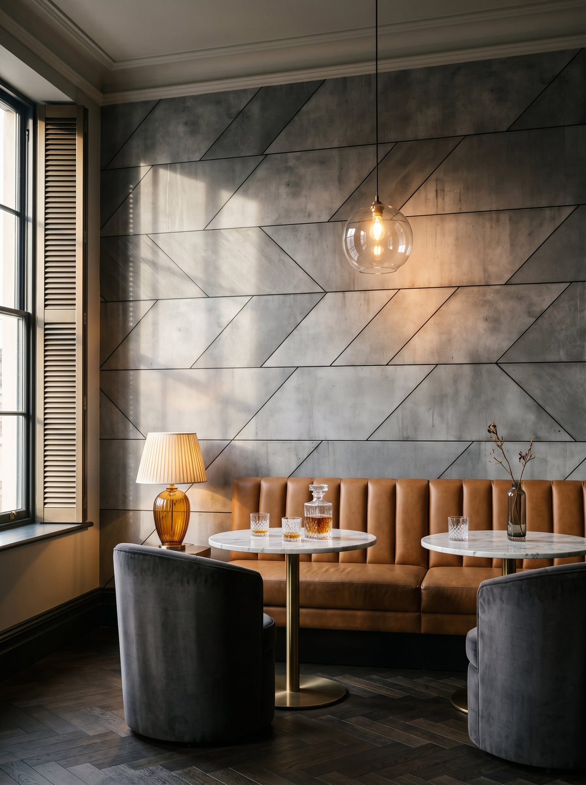 Fototapeta artystyczna o nazwie Concrete Rays w aranżacji wnętrza: bar lounge w butikowym hotelu.