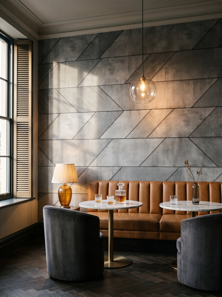 Fototapeta artystyczna o nazwie Concrete Rays w aranżacji wnętrza: bar lounge w butikowym hotelu.