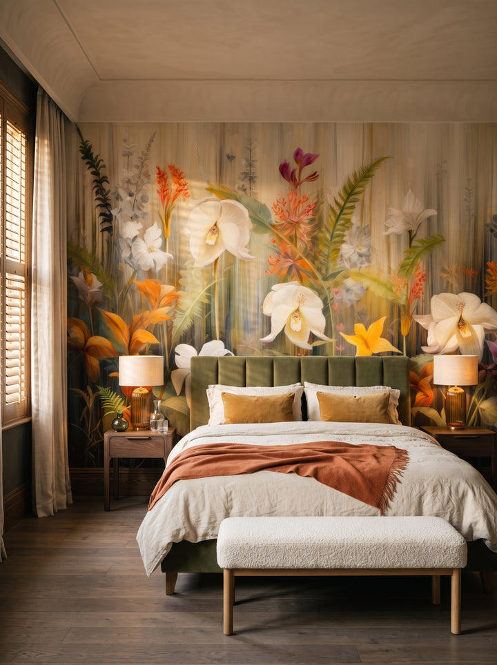 Fototapeta artystyczna o nazwie Exotic Garden Serenity w aranżacji wnętrza: apartament w pięciogwiazdkowym hotelu w stylu quiet luxury.