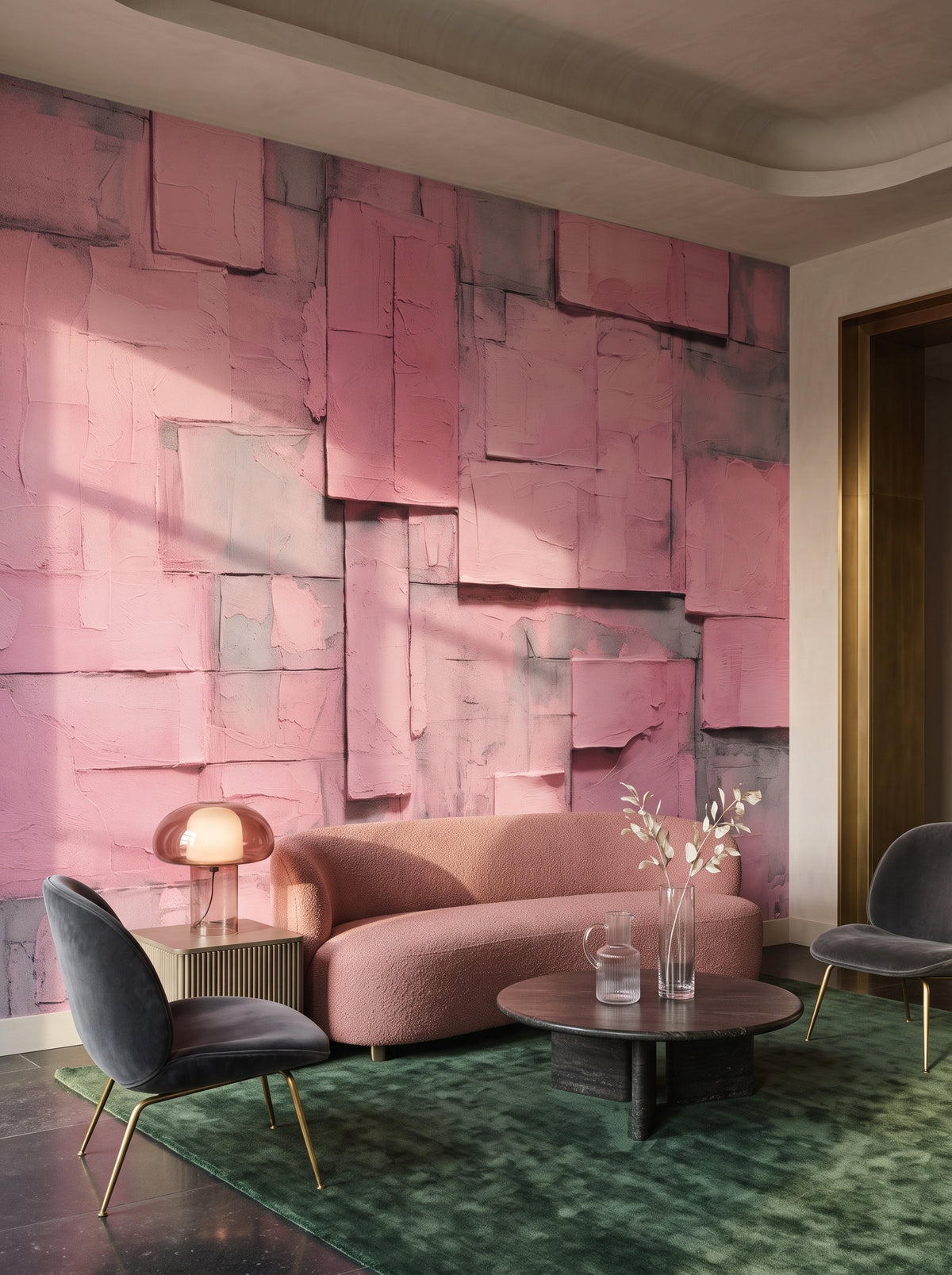 Fototapeta artystyczna o nazwie Blushing Texture w aranżacji wnętrza: lobby lounge butikowego hotelu designerskiego.