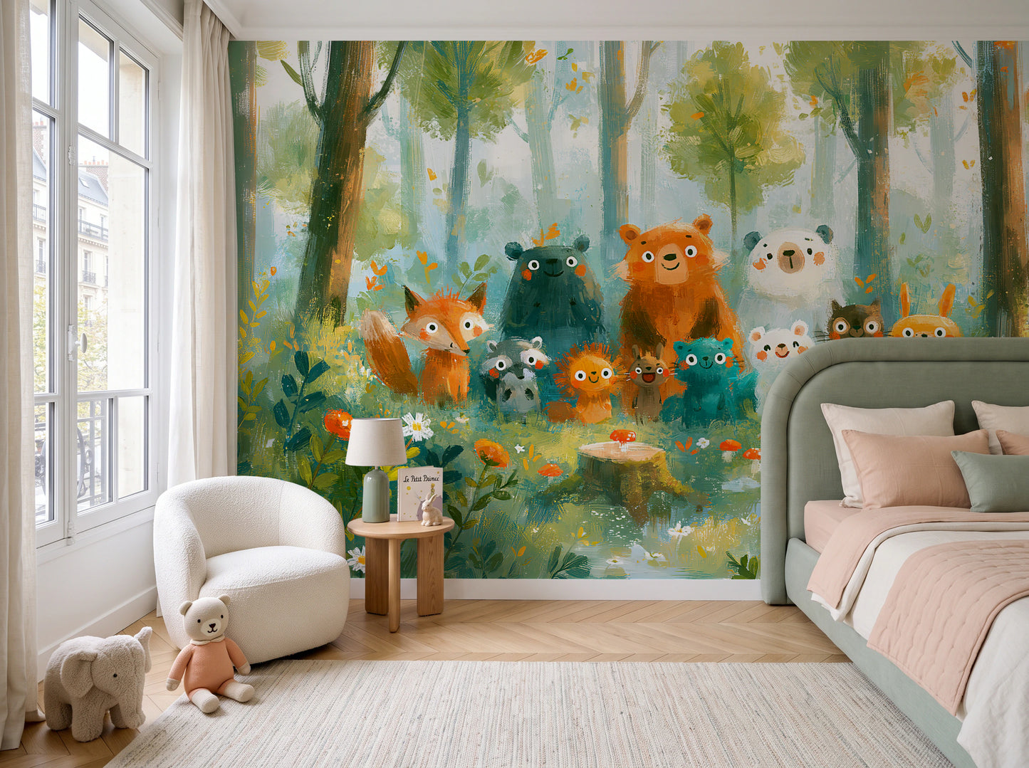 SUNLIT CLEARING - tapeta z leśnymi zwierzętami na polanie — children's room with window