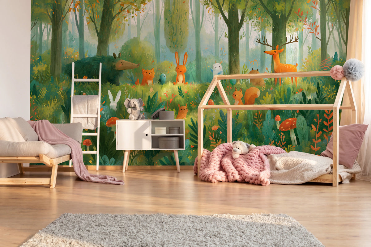 MOSSY GLADE - leśna polana ze zwierzętami w akwareli — KIDS — Pokój dziecięcy 07