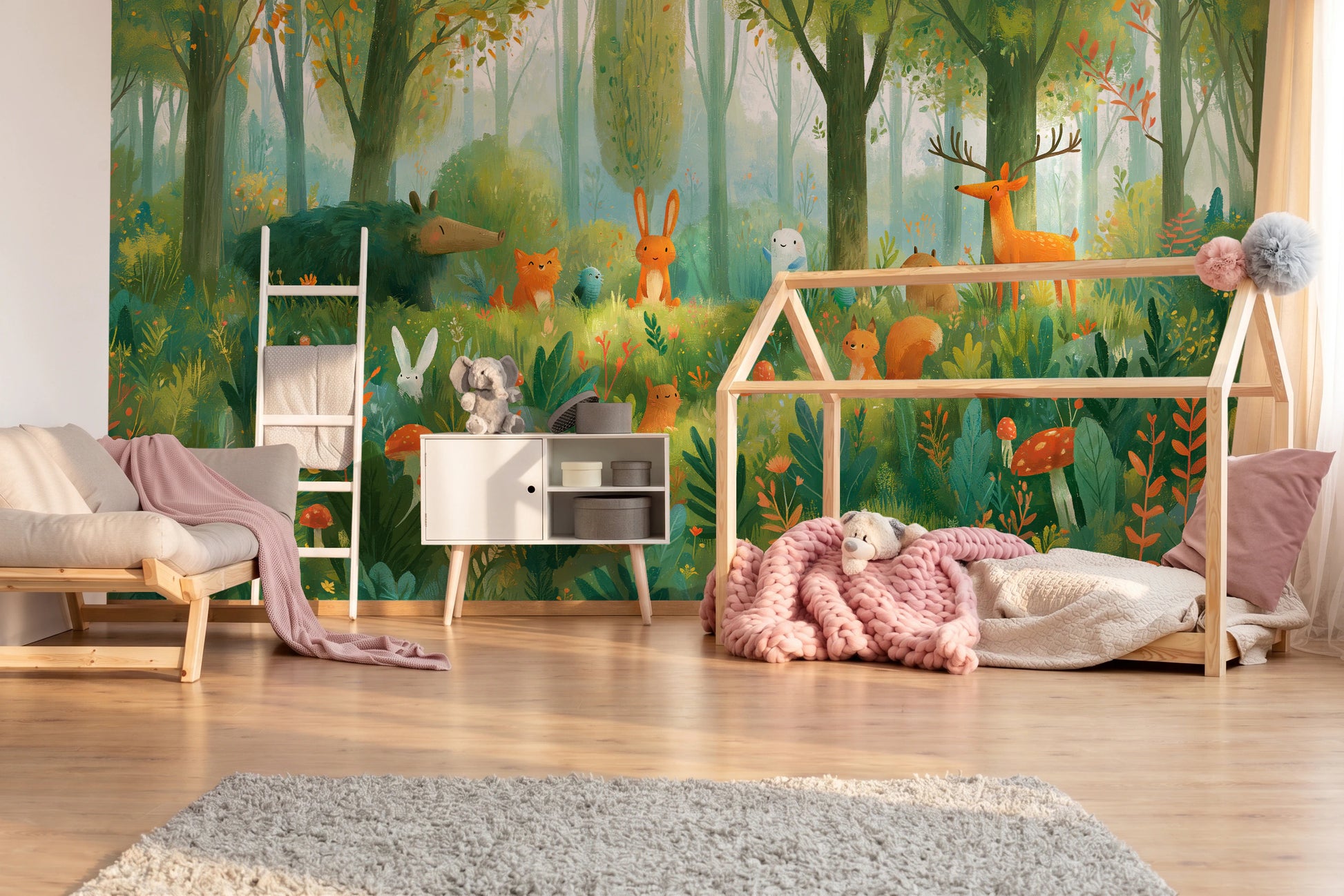 MOSSY GLADE - leśna polana ze zwierzętami w akwareli — KIDS — Pokój dziecięcy 07