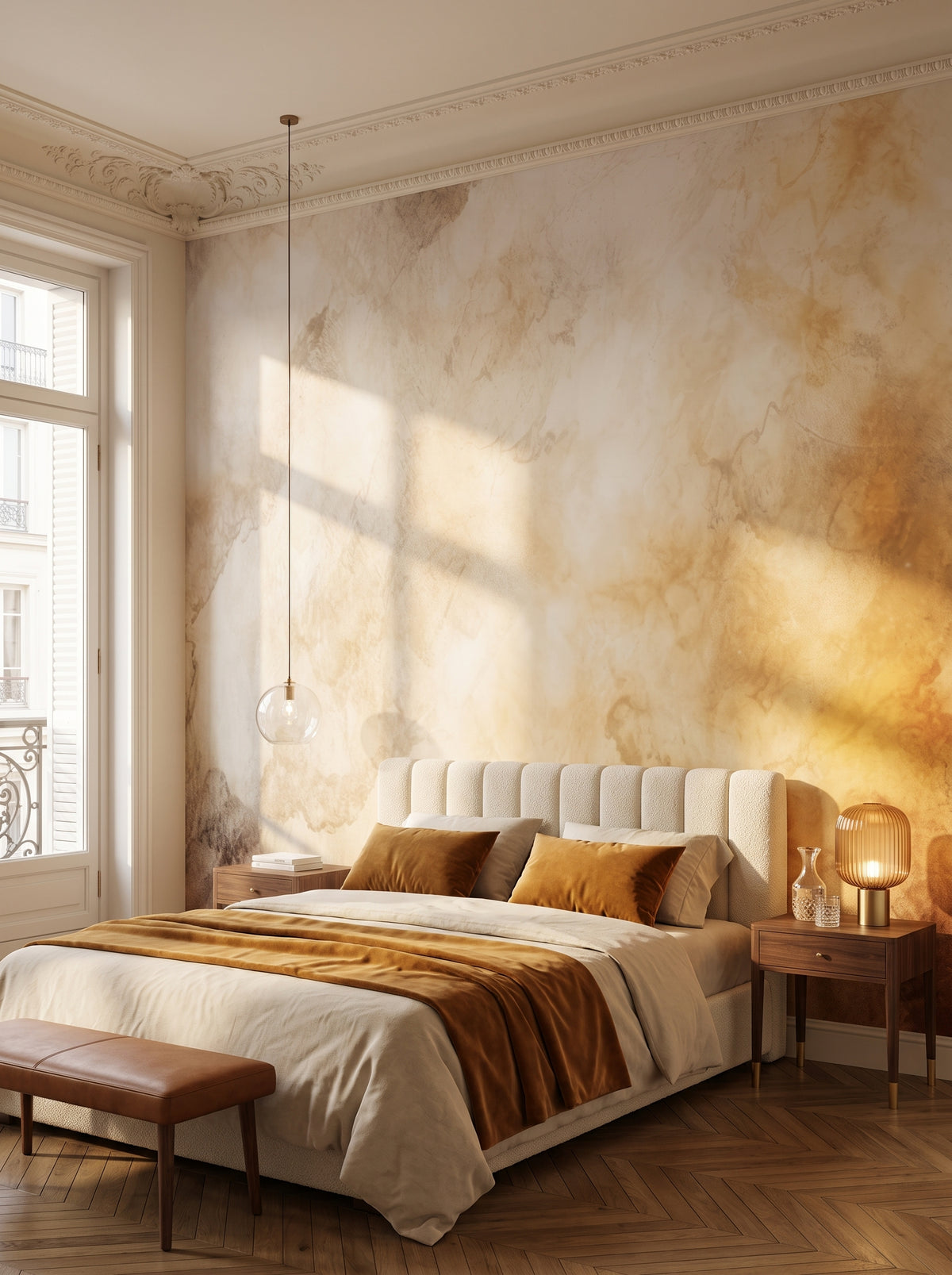 Fototapeta artystyczna o nazwie CELESTIAL DAWN MURAL w aranżacji wnętrza: sypialnia w paryskim apartamencie.