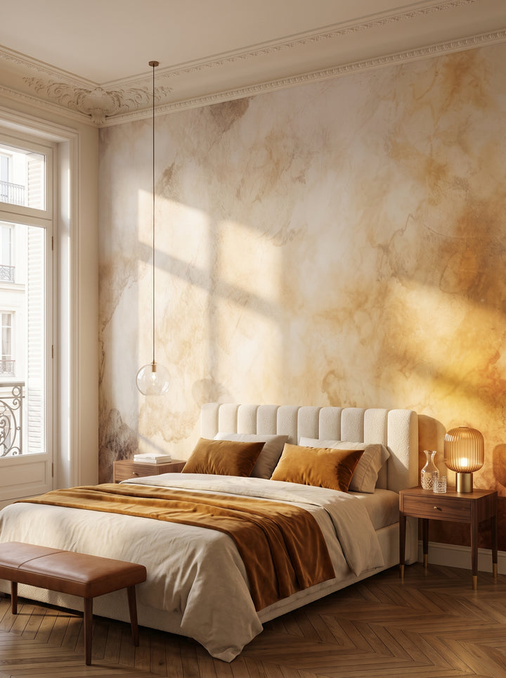 Fototapeta artystyczna o nazwie CELESTIAL DAWN MURAL w aranżacji wnętrza: sypialnia w paryskim apartamencie.