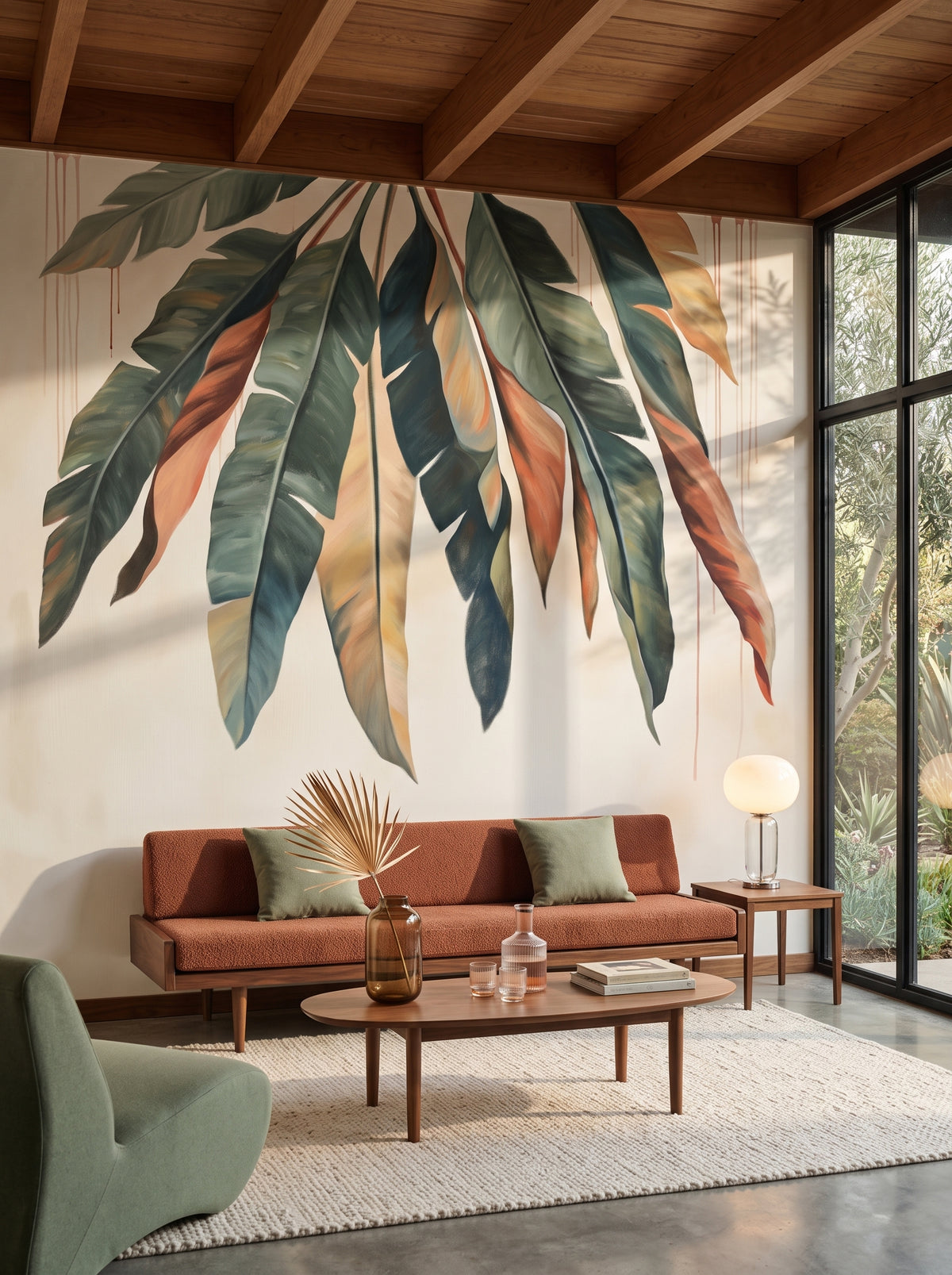 Fotomural artístico «Autumnal Drift» en un interior: salón en una casa californiana de mediados del siglo XX.