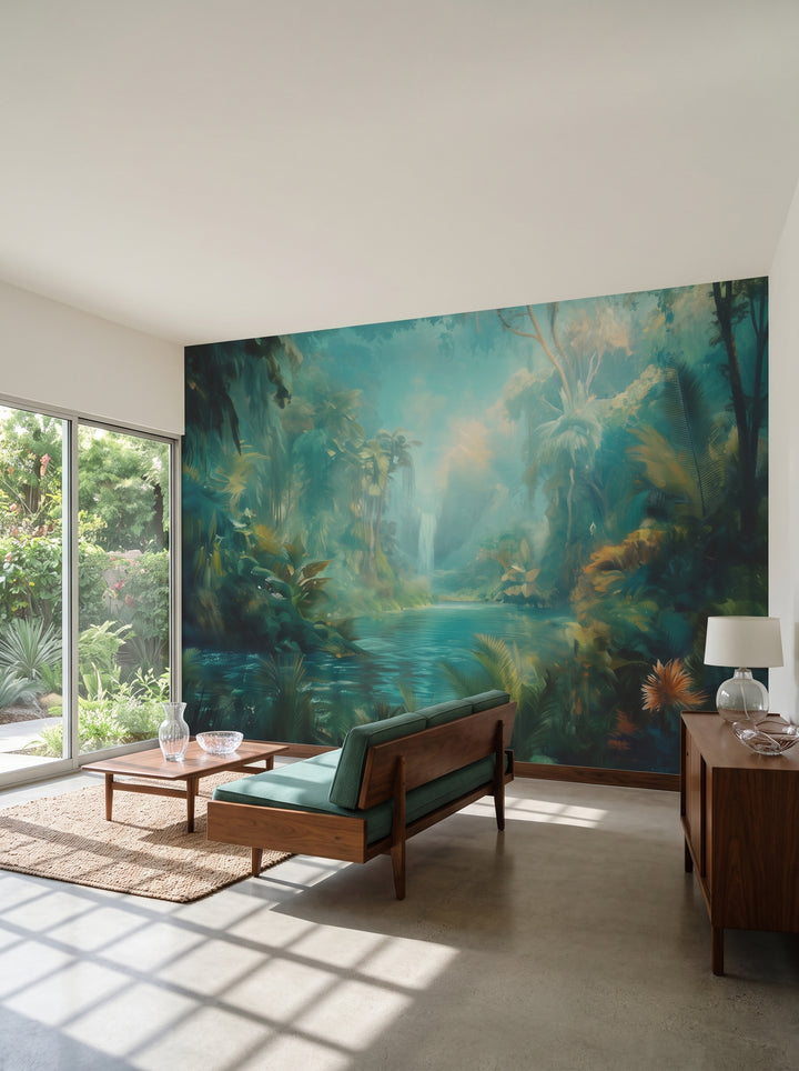 Fototapeta artystyczna o nazwie CRYSTAL STREAM w aranżacji wnętrza: salon w kalifornijskim domu mid-century.