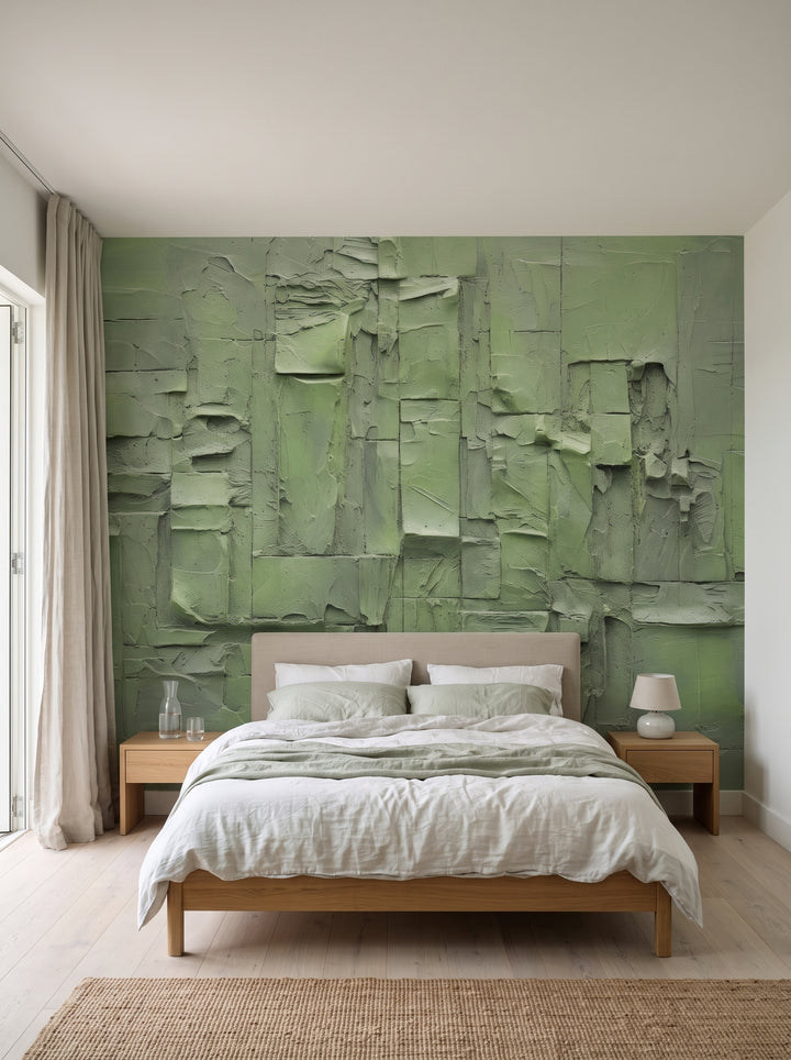 Fototapeta artystyczna o nazwie Green Patchwork w aranżacji wnętrza: sypialnia w nadmorskiej rezydencji.