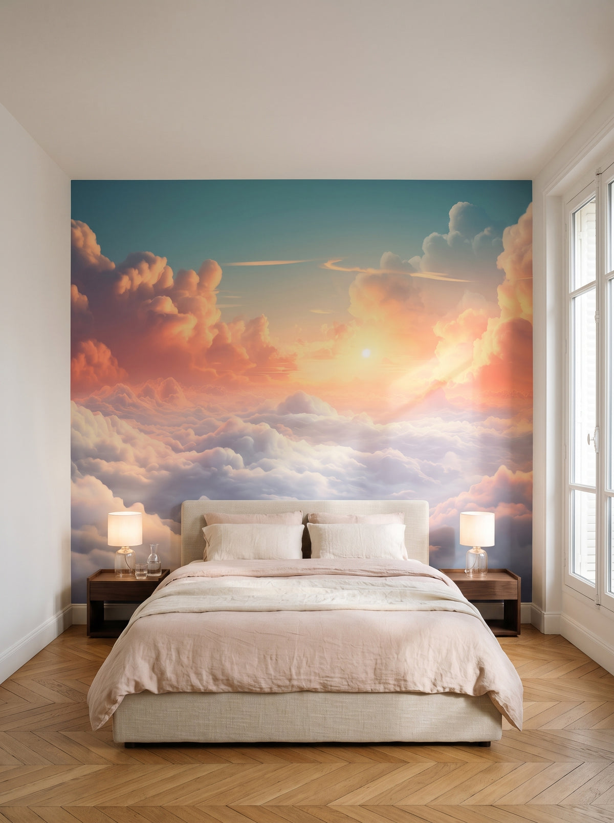 Fototapeta artystyczna o nazwie Sunset Serenade w aranżacji wnętrza: sypialnia w eleganckim paryskim apartamencie.