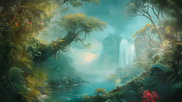 Prezentacja całego wzoru fototapety o nazwie CRYSTAL MIST - tapeta z magiczną scenerią wodospadu w turkusowej mgle