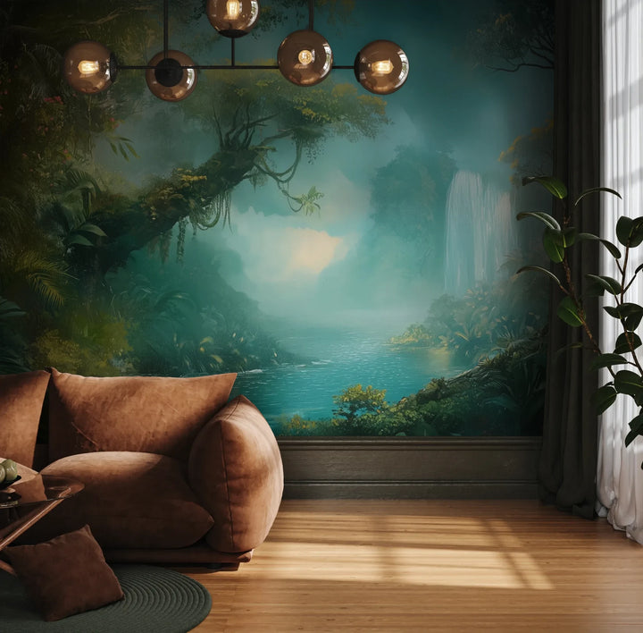 Fototapeta CRYSTAL MIST - tapeta z magiczną scenerią wodospadu w turkusowej mgle pokazana w aranżacji wnętrza z akcentem na ścianie.