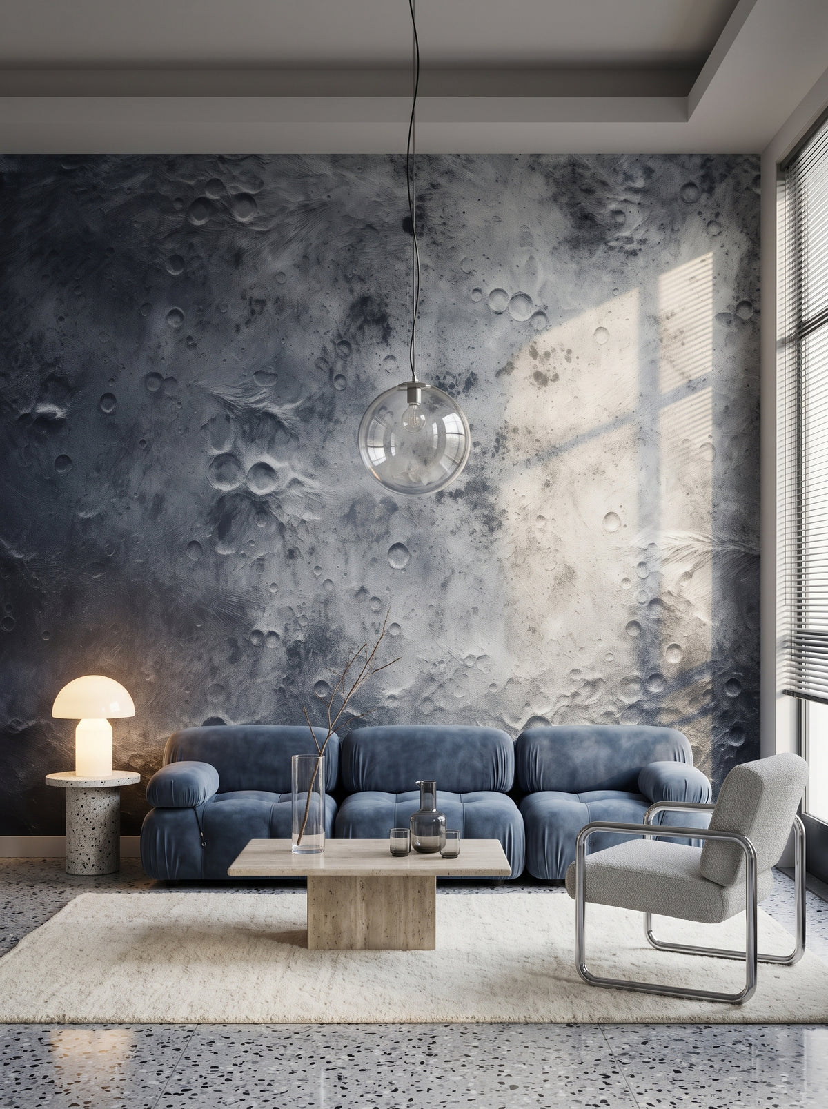 Fototapeta artystyczna o nazwie Lunar Shadows w aranżacji wnętrza: salon w mediolańskim apartamencie z lat 70..