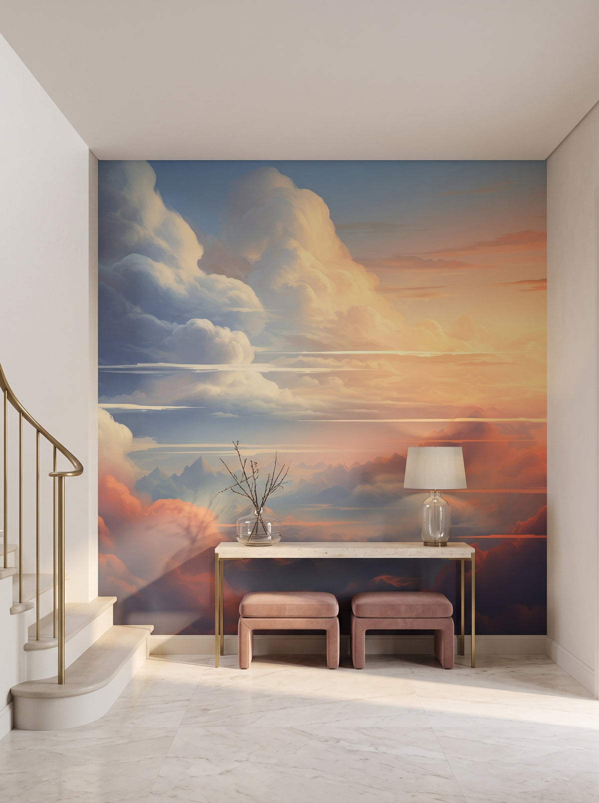 Fototapeta artystyczna o nazwie Serene Altitudes w aranżacji wnętrza: hol wejściowy w nowoczesnej rezydencji klasycznej.