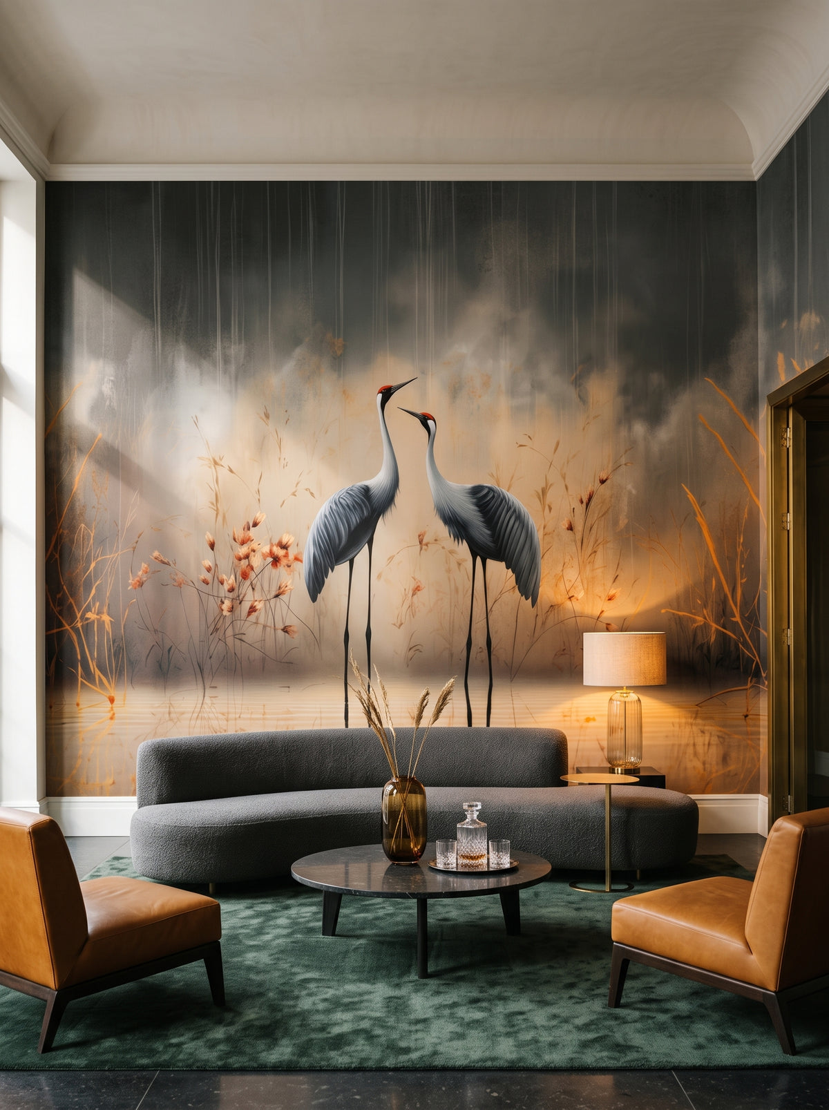 Fototapeta artystyczna o nazwie Rustic Serenity w aranżacji wnętrza: lobby lounge butikowego hotelu designerskiego.