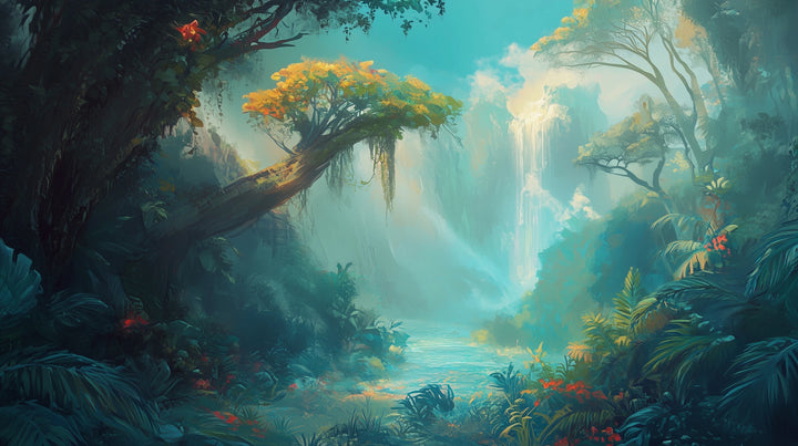 Prezentacja całego wzoru fototapety o nazwie LUMINOUS HAVEN - tapeta z magicznym leśnym wodospadem
