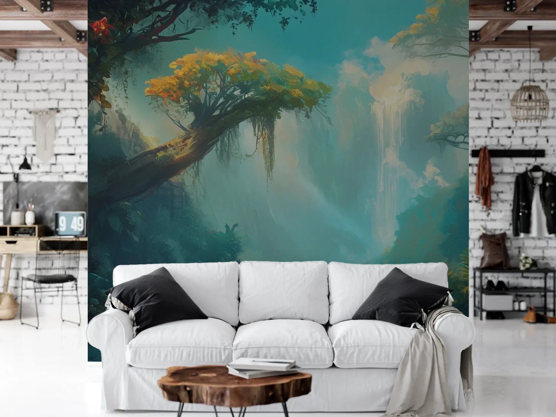 Wzór fototapety LUMINOUS HAVEN - tapeta z magicznym leśnym wodospadem pokazanej w aranżacji salonu.