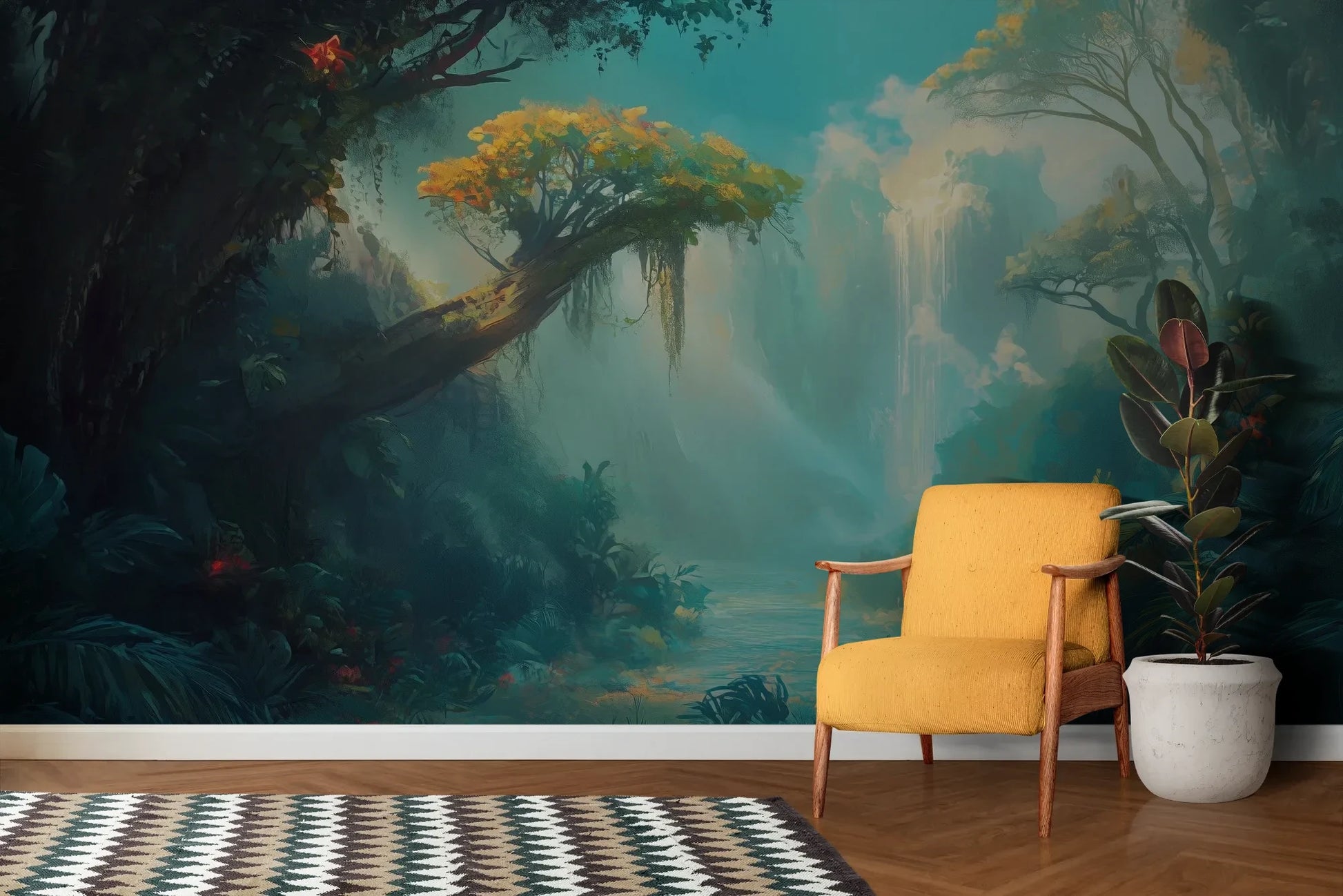 Wzór fototapety LUMINOUS HAVEN - tapeta z magicznym leśnym wodospadem pokazanej w aranżacji salonu.