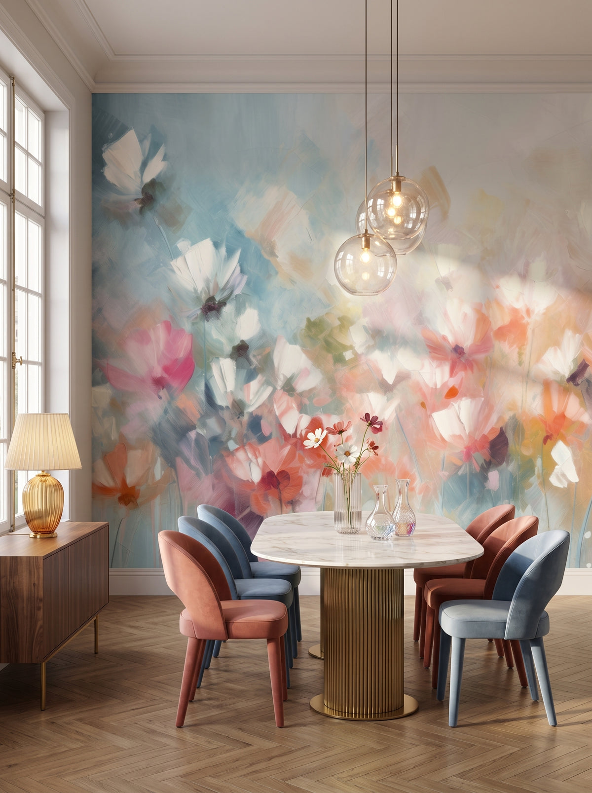Fotomural artístico «Delicate Floral Hues» en un interior: comedor en un apartamento clásico moderno.
