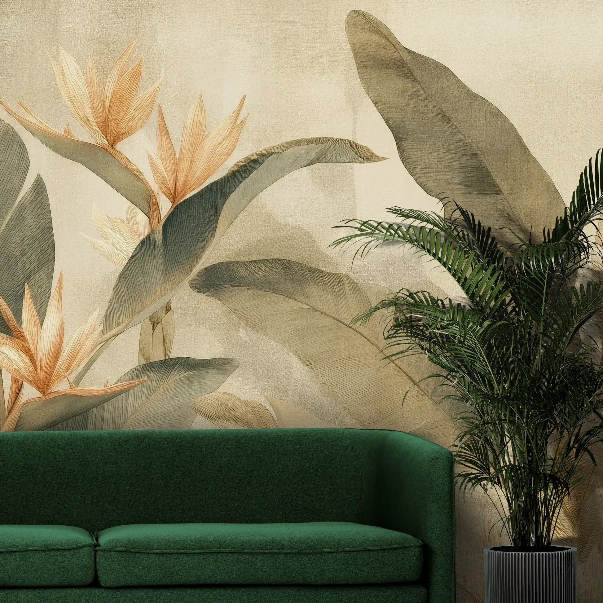 Fototapeta PARADISE PETALS - tapeta z tropikalnymi kwiatami strelicji w ciepłych beżach pokazana w aranżacji wnętrza z akcentem na ścianie.