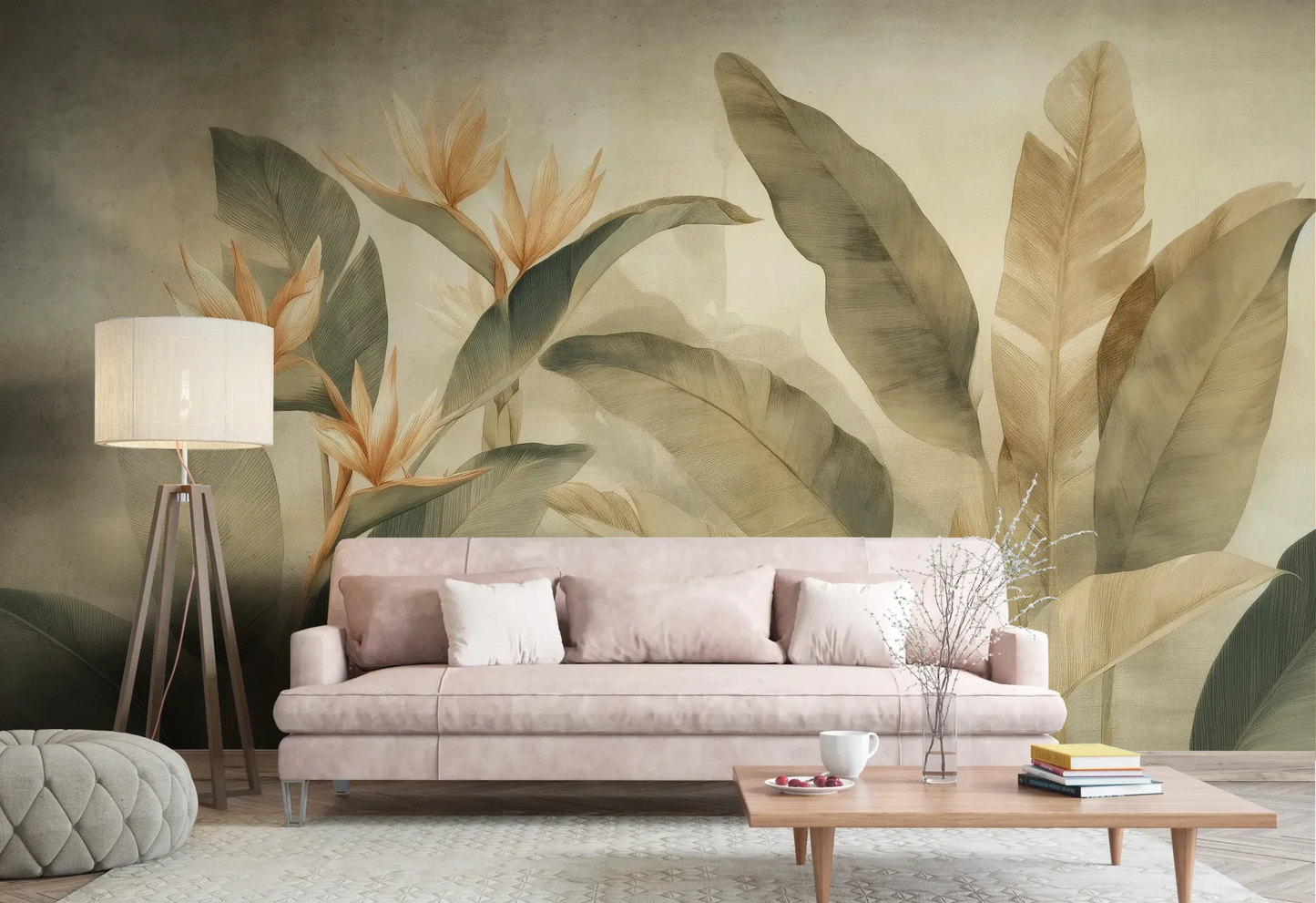Wzór fototapety PARADISE PETALS - tapeta z tropikalnymi kwiatami strelicji w ciepłych beżach pokazanej w aranżacji salonu.