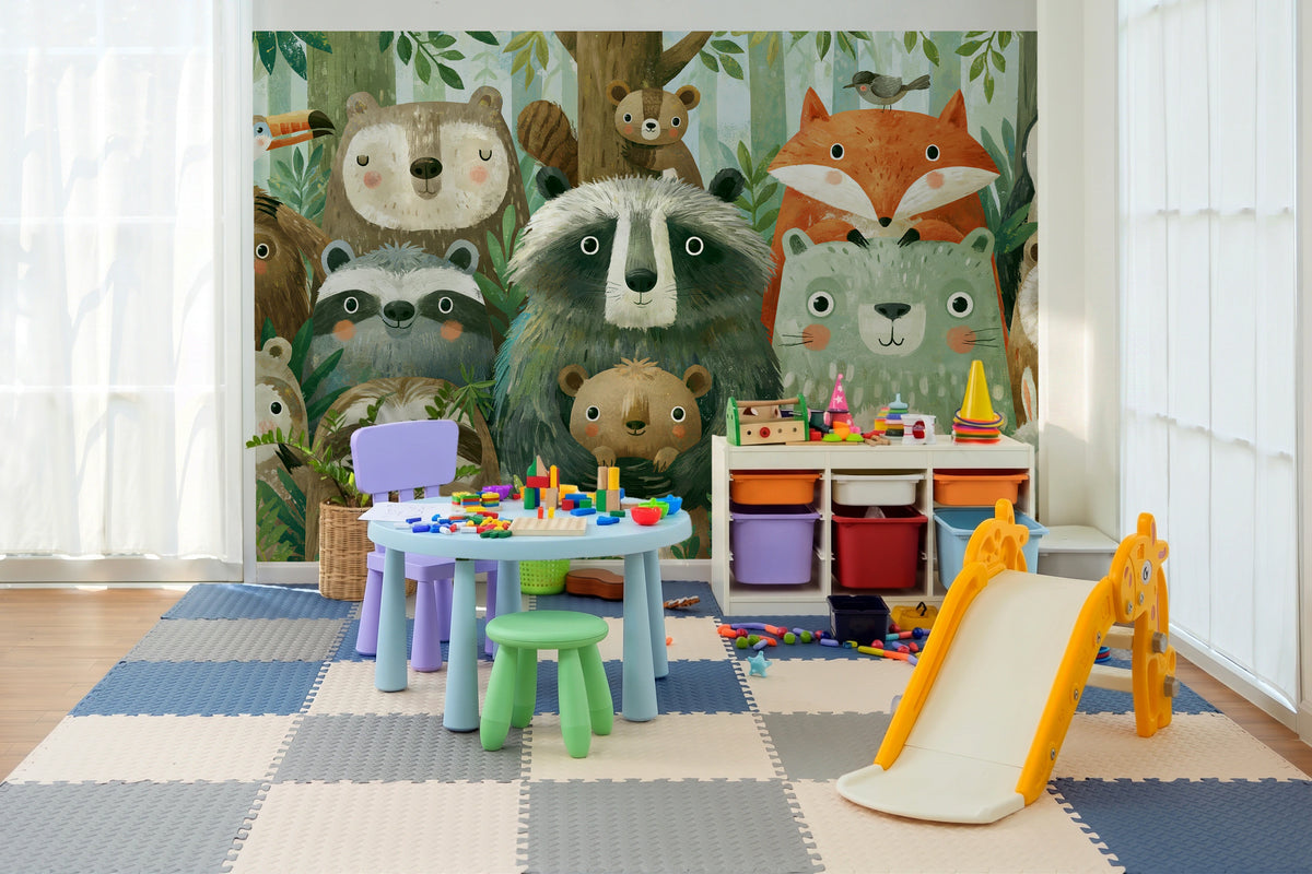 WOODLAND HUDDLE - tapeta z leśnymi zwierzętami dla dzieci — KIDS ROOM - PLAY ROOM