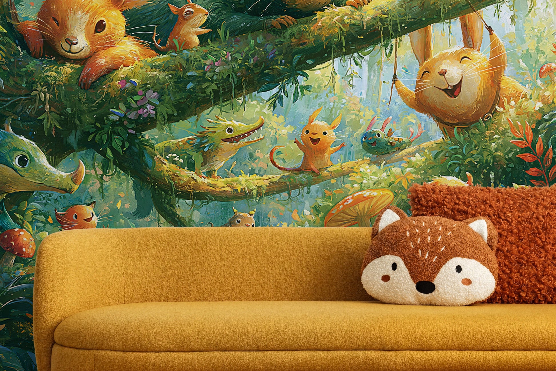 MOSSY BRANCH - tapeta z leśnymi zwierzątkami wśród muchomorów — CHILDREN'S ROOM - CLOSE UP ON THE PATTERN