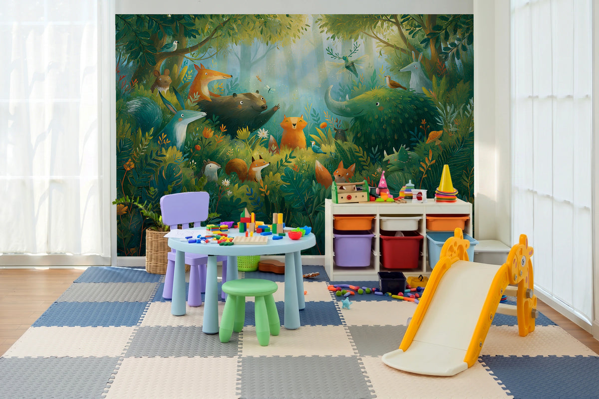SUNLIT THICKET - malarska tapeta z leśnymi zwierzętami — KIDS ROOM - PLAY ROOM