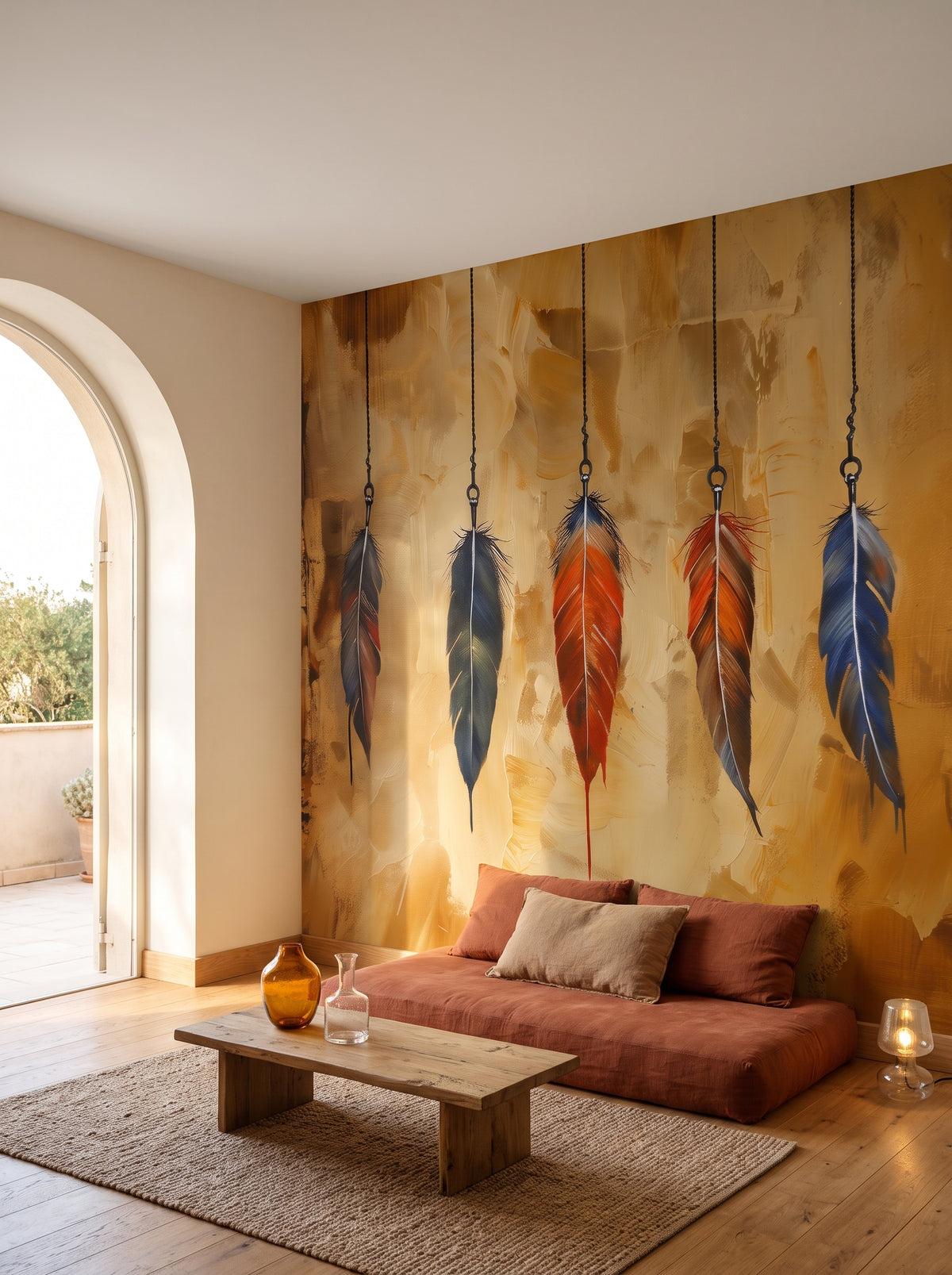 Fototapeta artystyczna o nazwie Dappled Gold w aranżacji wnętrza: salon w eleganckim stylu boho.