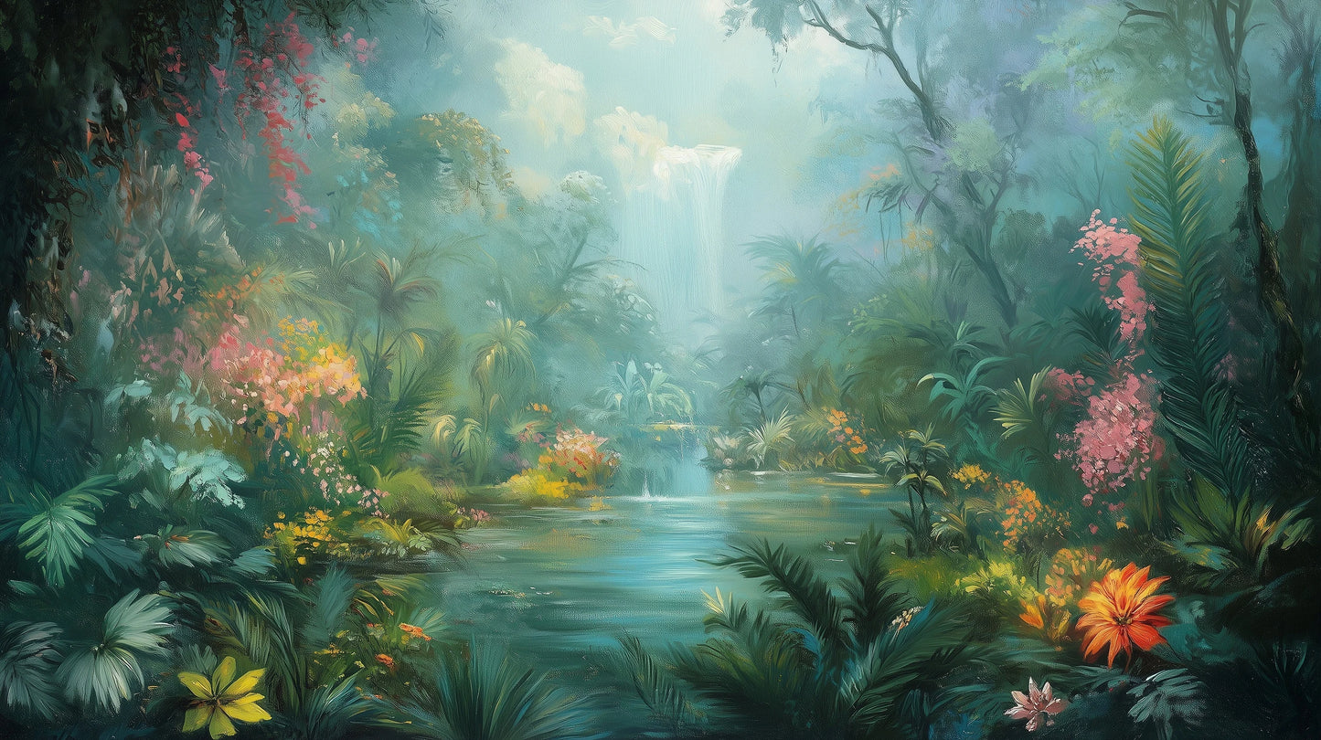 Prezentacja całego wzoru fototapety o nazwie MYSTIC CASCADE - tapeta z magicznym tropikalnym wodospadem
