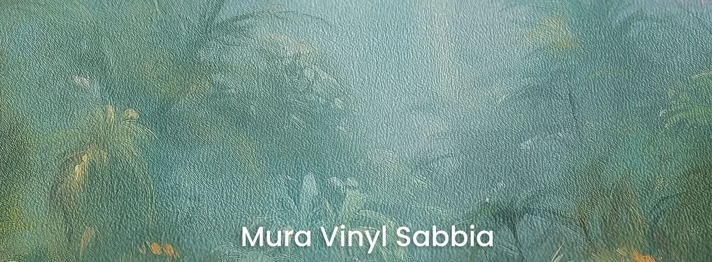 Zbliżenie na fototapetę MYSTIC CASCADE - tapeta z magicznym tropikalnym wodospadem na podłożu o strukturze ziarna piasku.