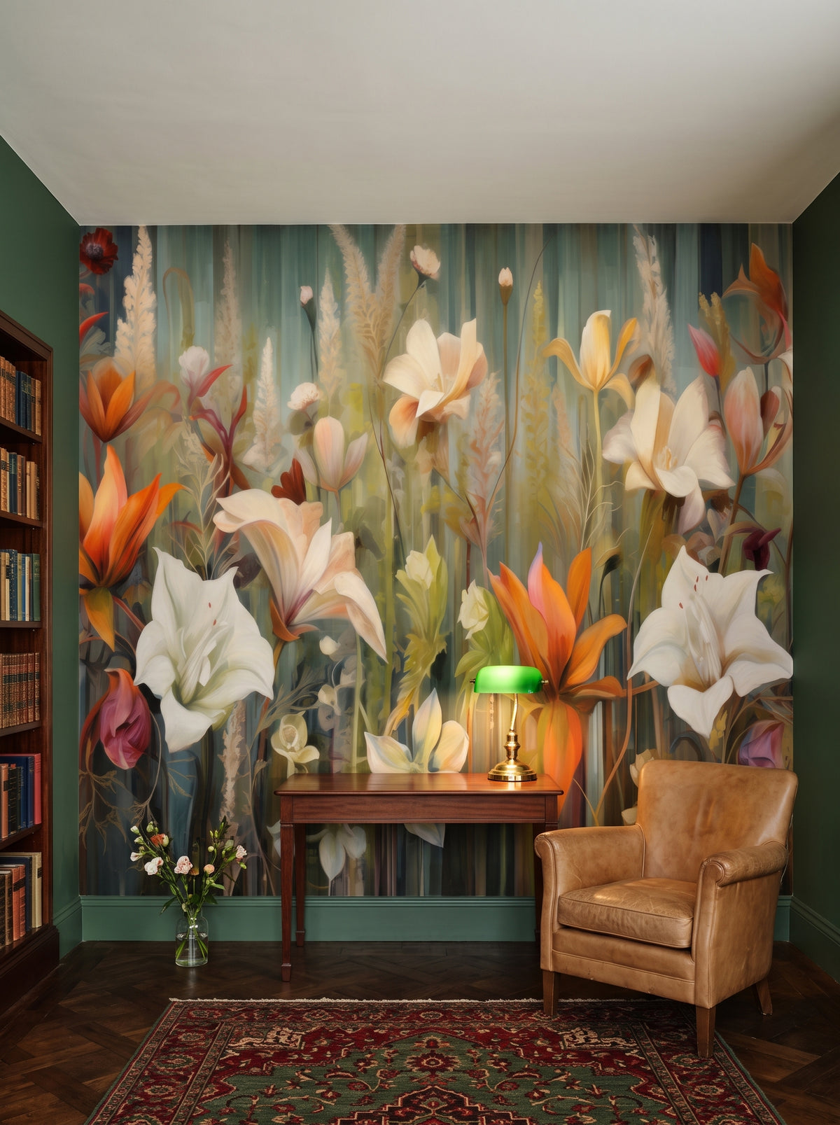 Fototapeta artystyczna o nazwie Wildflower Harmony w aranżacji wnętrza: prywatna biblioteka w angielskim stylu klubowym.