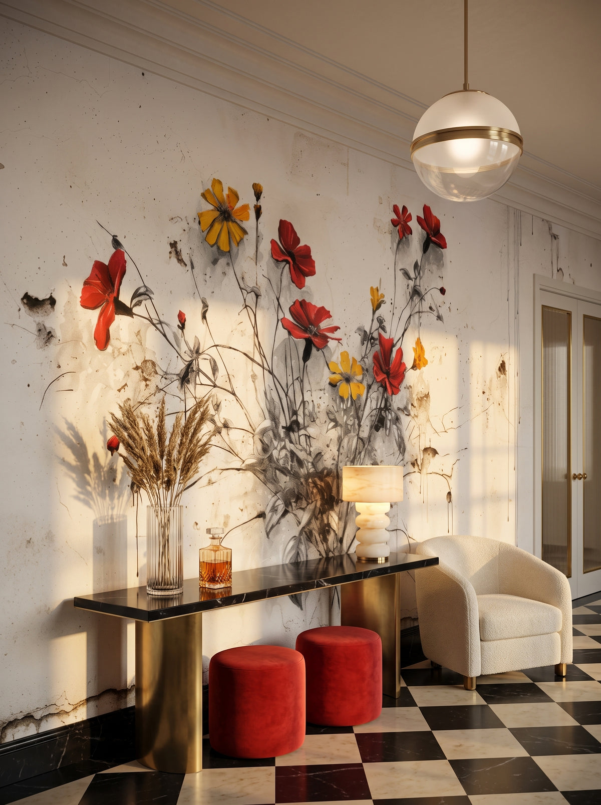 Fototapeta artystyczna o nazwie WILDFLOWER WATERCOLOR WHIMSY w aranżacji wnętrza: galeria wejściowa w apartamencie Art Deco.