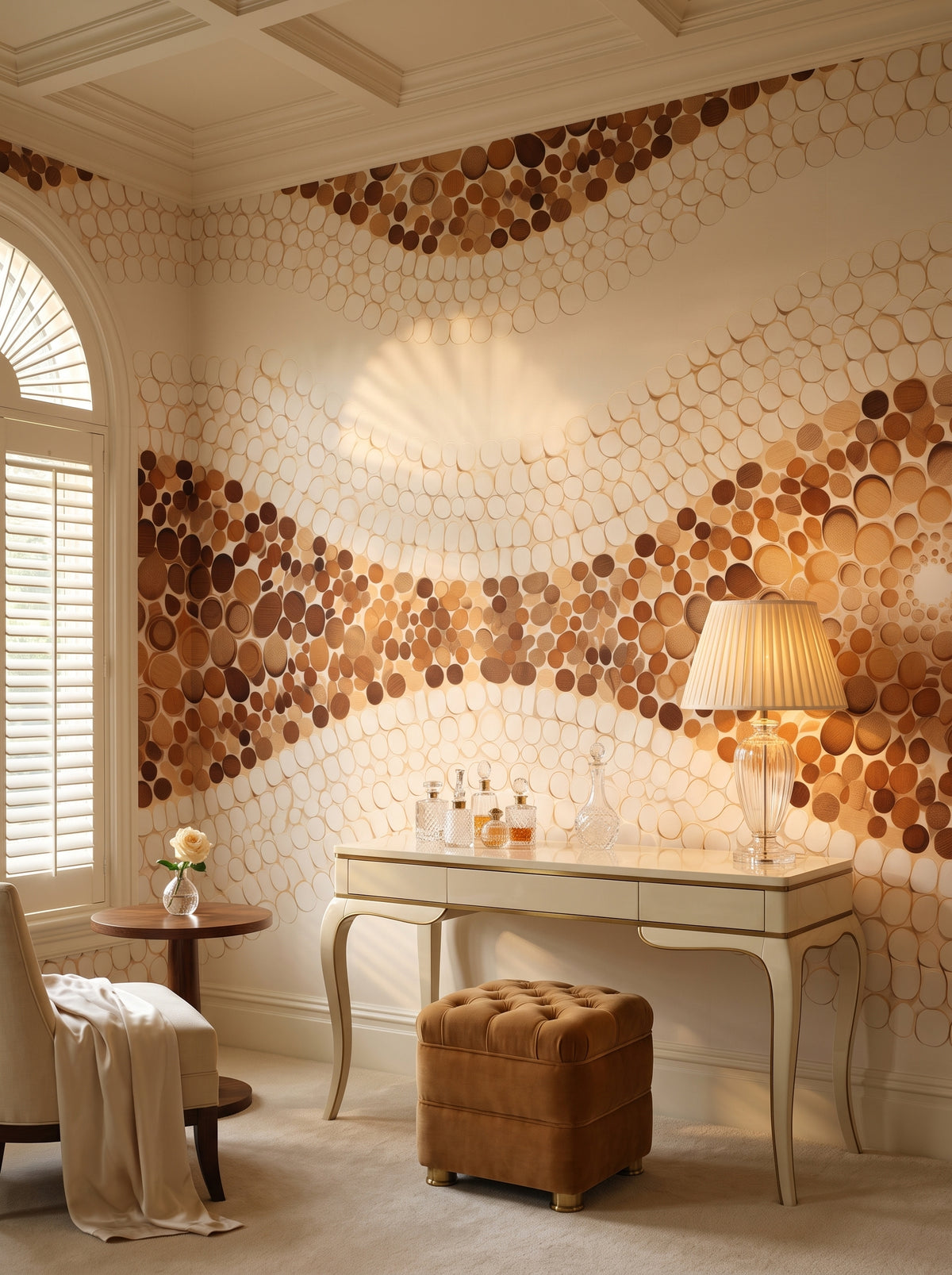 Fotomural artístico «WOODEN WAVES MOSAIC» en un interior: vestidor de estilo Hollywood Regency en una villa en las colinas.