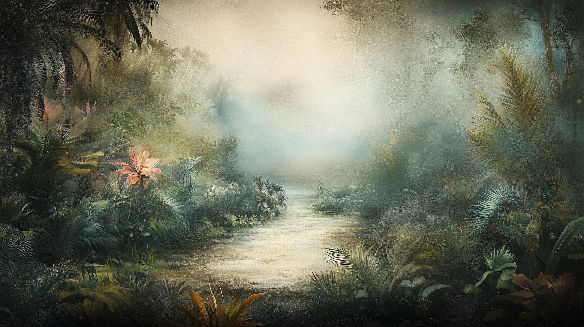 Prezentacja całego wzoru fototapety o nazwie MYSTICAL DAWN - tapeta z tropikalną mglistą scenerią